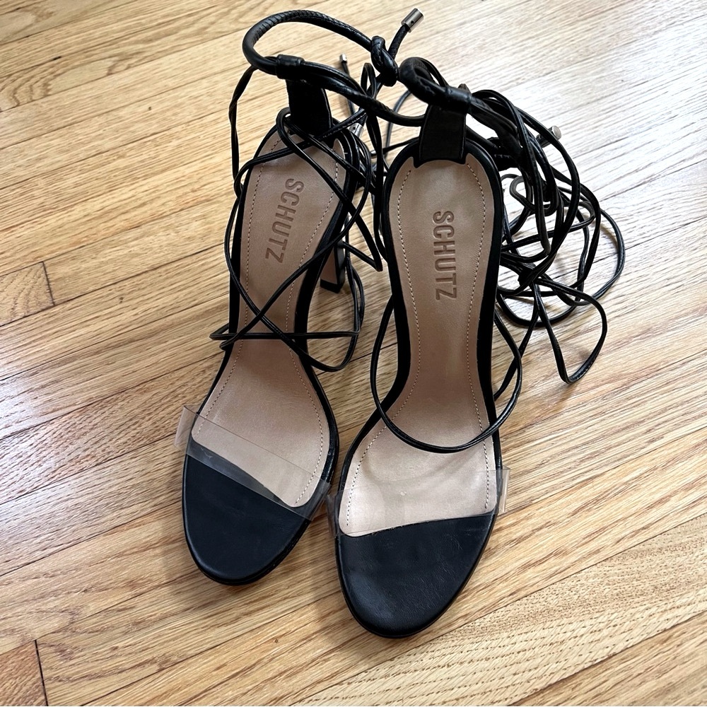 SCHUTZ Jessie Vinyl & Nappa Leather Sandals Black and Clear Size 8.5 - Picture 15 of 15
